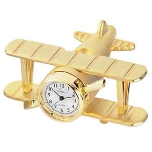 Bi-Wing Airplane Mini Clock-Gold