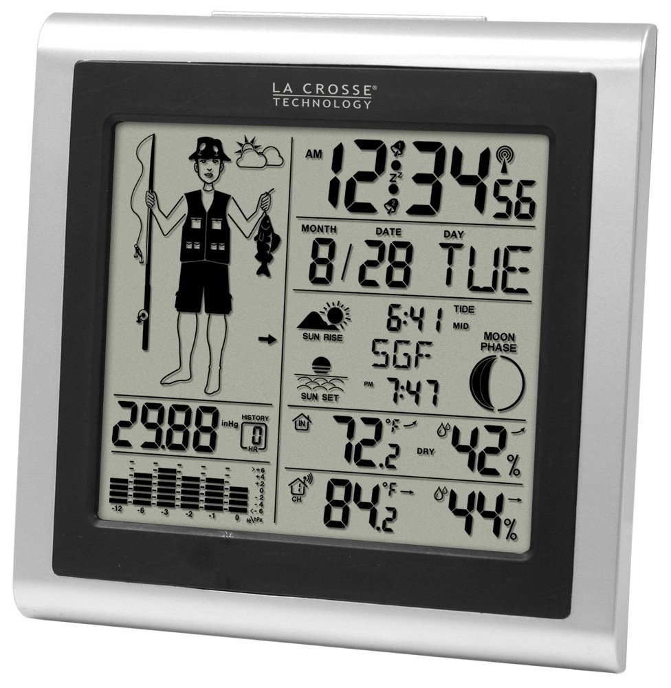 La Crosse Technology 308-1451 Atomic Forecast Station with Fisherman Icon, In/Out Temperature, Humidity, Barometer, Sunrise/Sunset, Dual Alarms