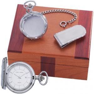 Colibri Stainless Steel Cable Pocket Watch, Chain and Money Clip Gift Set PWQ-96803-S
